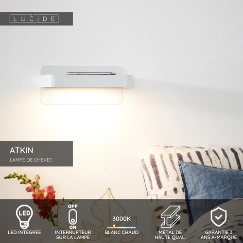 Lucide ATKIN - Lampe de chevet / Applique mural - LED - 1x6W 3000K - Point de rechargement USB - Blanc - USP